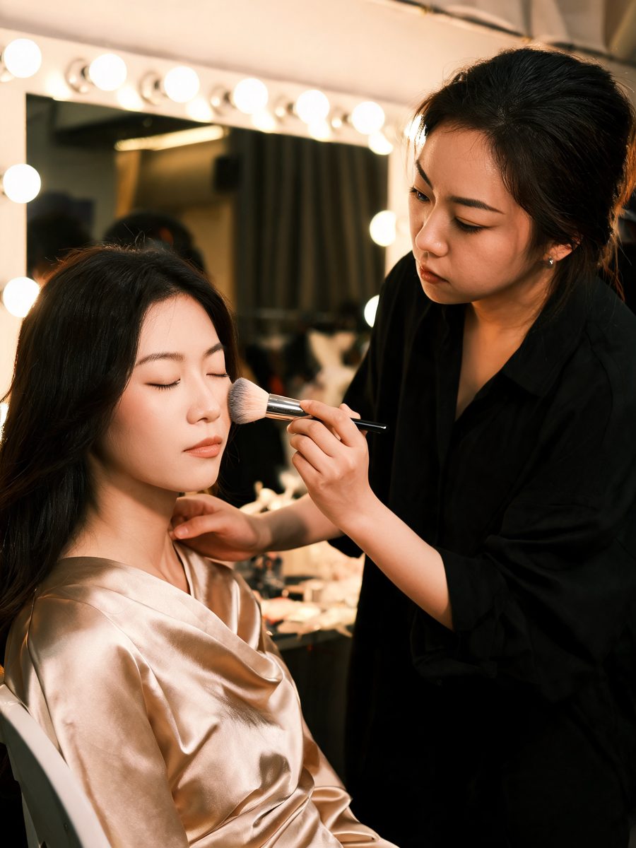 An Eva Stella artist finishing a client's makeup backstage