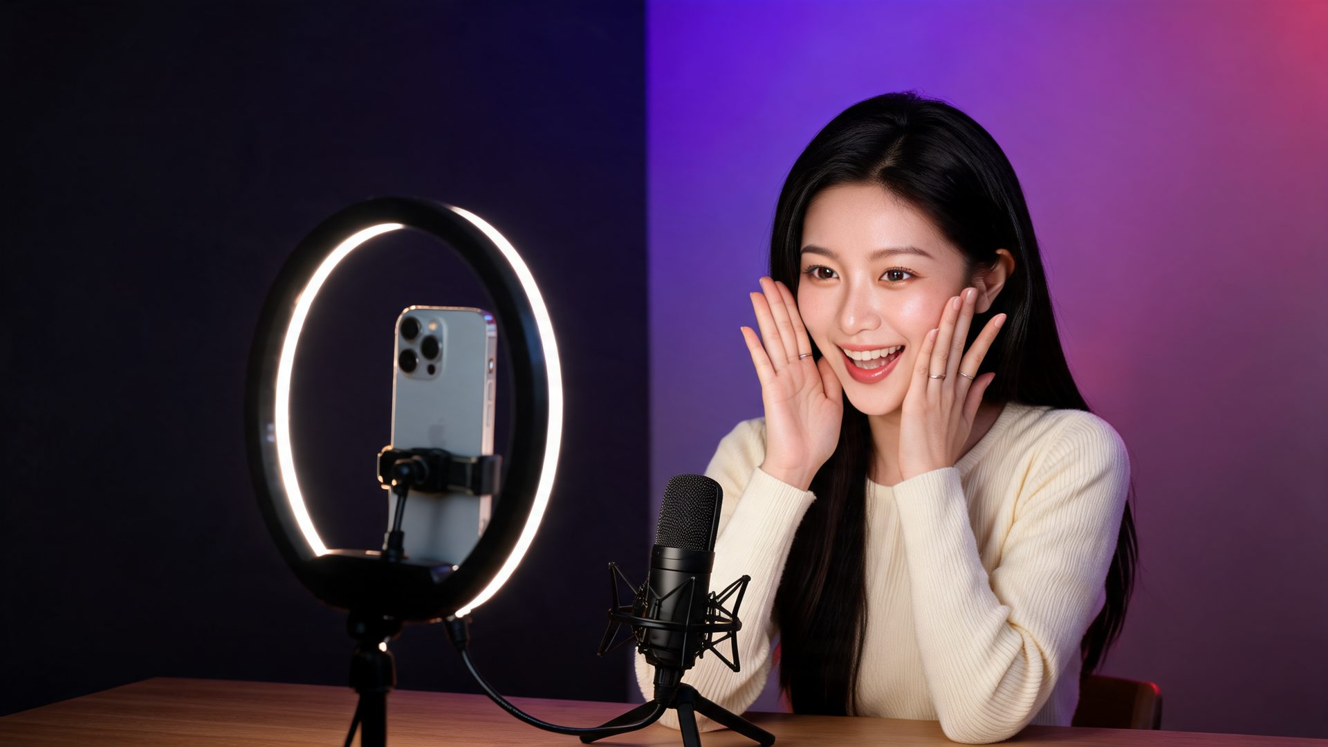 An AT SCAPE streamer laughing in surprise during a live stream at her home studio