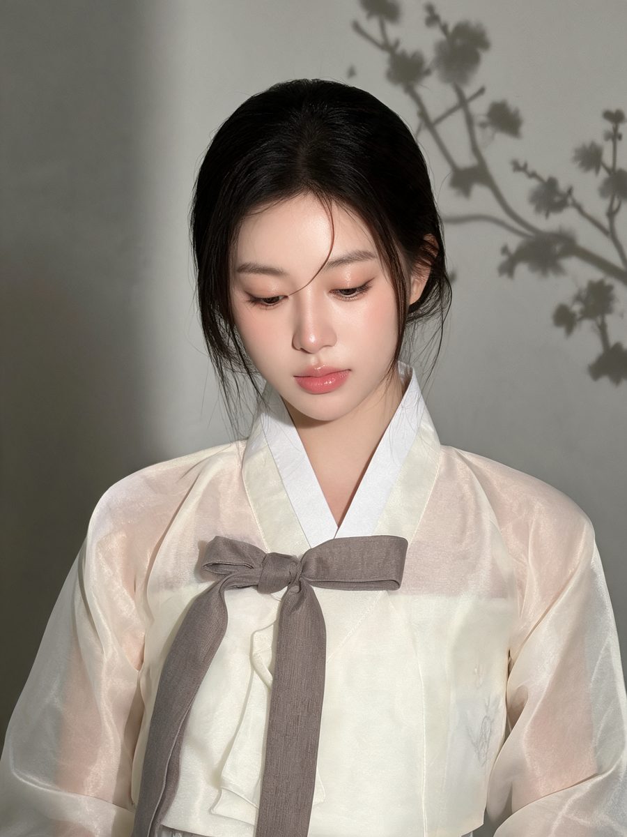Soft Korean makeup with a sheer ivory hanbok